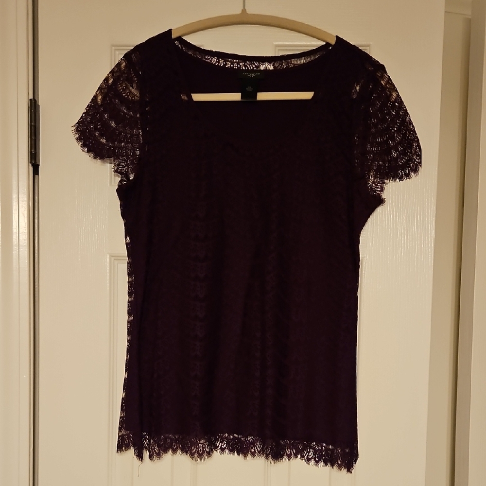 Ann Taylor Purple Blouse with Crew Neck Cap Sleeves and Lace Cut Out